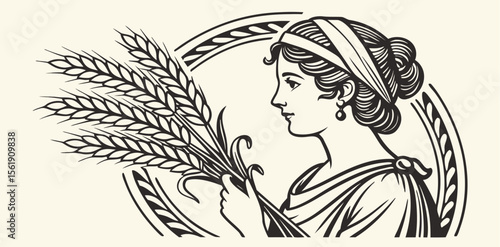 Vintage Engraving of Greek Goddess Holding Wheat Bundle Illustration