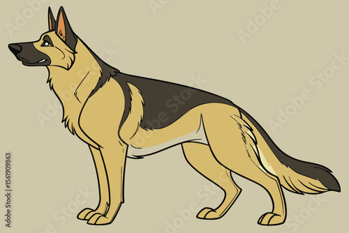 Black silhouette vector illustration of a German Shepherd dog, an isolated canine mammal