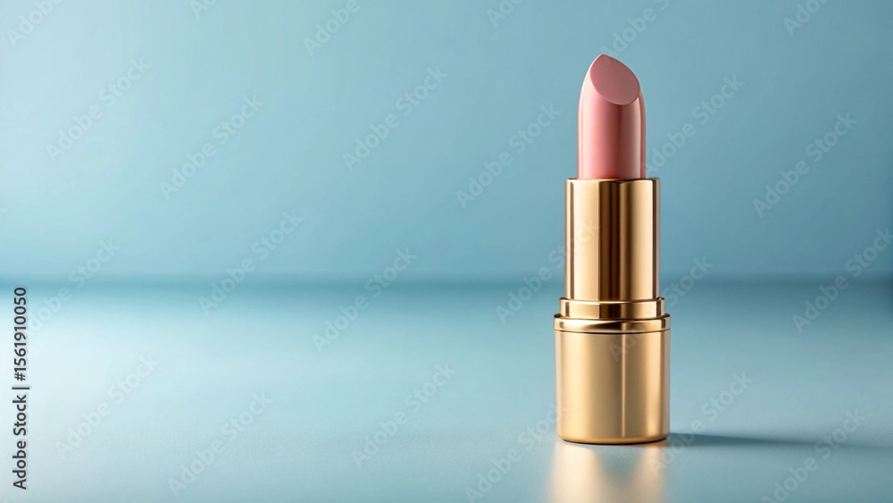A gold tube of pink lipstick sits on a light blue surface A gold tube of pink lipstick sits on a light blue surface