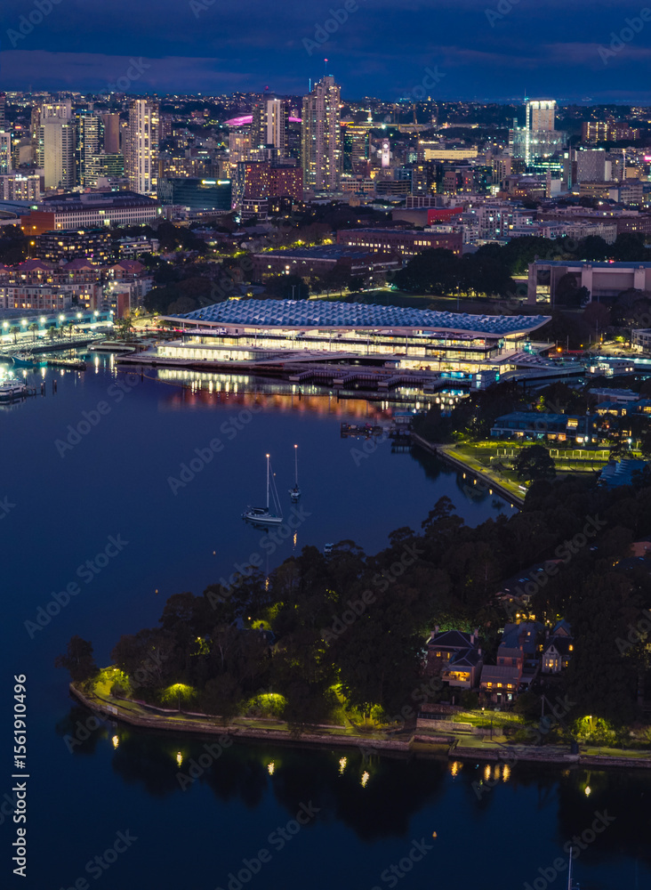 Fototapeta premium sydney skyline with new fish market design by 3xn architects in dusk time