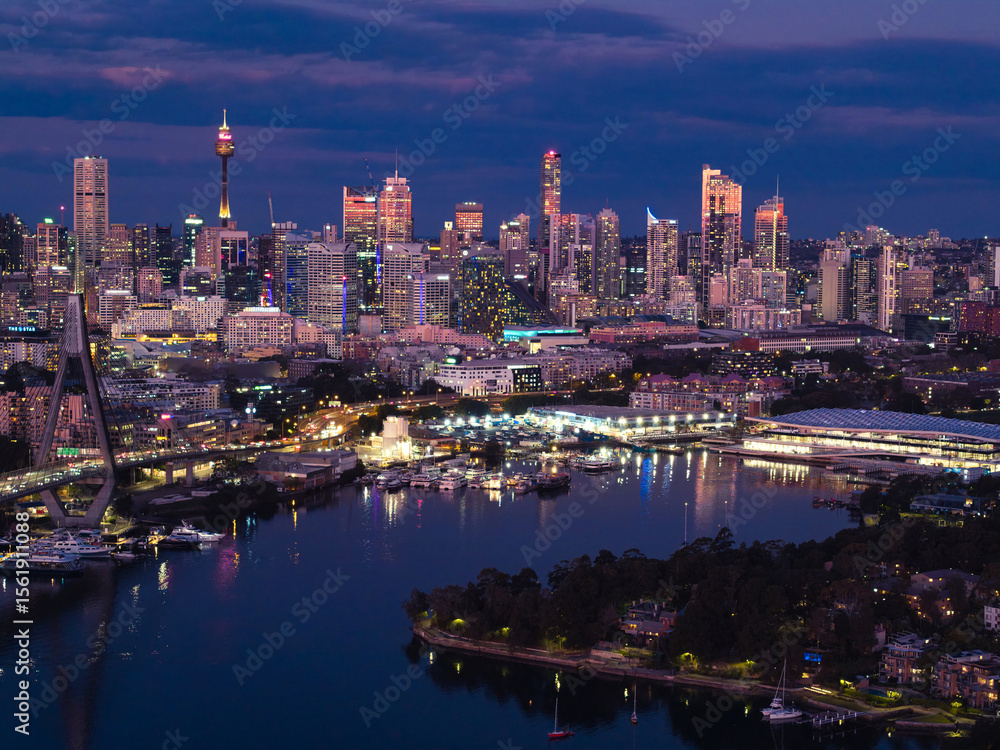 Fototapeta premium sydney skyline with new fish market design by 3xn architects in dusk time