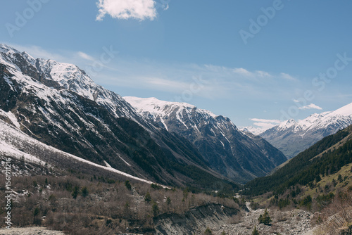 view of the mountains from the foot. There is snow on the mountaintop. There are spruces on the slope.