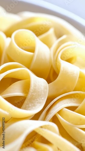 Close up of fresh fettuccine pasta piled high, ready for sauce, showcasing Italian food ingredient.