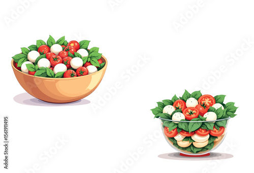 Vsai two bowls overflowing with fresh caprese salad ingredients, featuring ripe tomatoes, mozzarella cheese, and basil leaves
