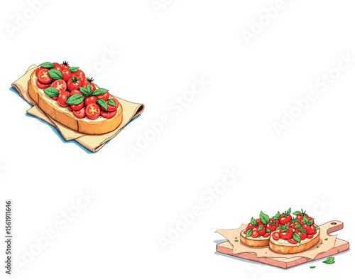 Vsai delicious bruschetta with tomatoes and basil on wooden cutting board