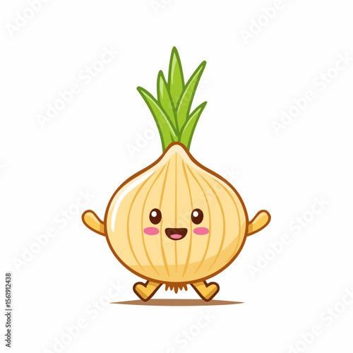 Happy Onion Character: A cheerful cartoon onion character with a smiling face and green sprouts joyfully jumps, radiating happiness and positive vibes.