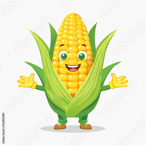 Cheerful Maize Mascot: A jovial corn character with vibrant yellow kernels and lush green husks, spreading joy and embodying freshness in this lively illustration.