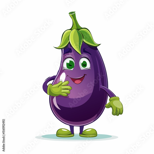 Playful Eggplant Cartoon Character: A friendly and jovial eggplant character, complete with a charming smile and vibrant green gloves, embodies a lighthearted approach to healthy eating.