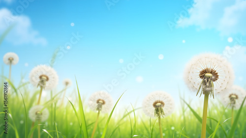 Spring background of dandelions against blue sky
