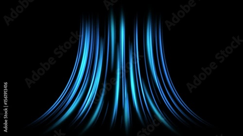 Cold air flow from conditioner effect. air light effect with blue rays. Freezing wind waves air blowing effect. Abstract directional optical fiber neon lines on black Background. Air cooling process