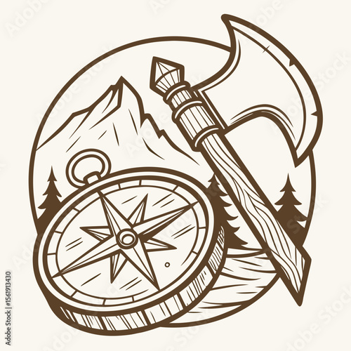 Vintage compass and axe emblem with mountains and pine trees for adventure and exploration