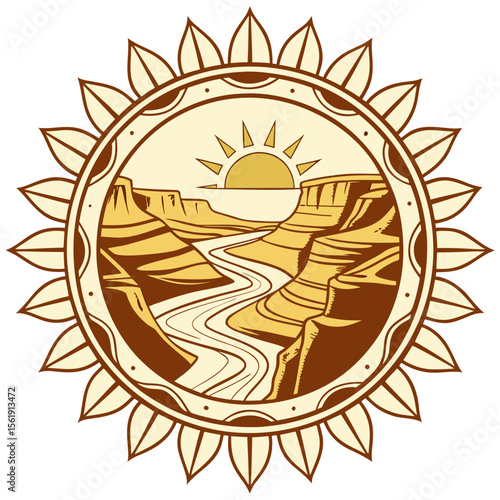 Stylized sun mandala featuring a majestic canyon and winding river