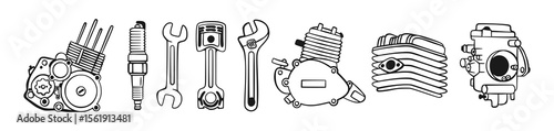 Motorcycle engine parts and mechanic tool illustrations for repair and workshop themed design in in vintage sketch style.