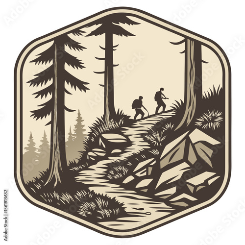Two hikers ascend a scenic forest trail surrounded by trees and rocks