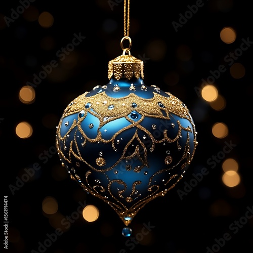 Wallpaper Mural Ornate, deep blue Christmas ornament with gold accents.  Intricate design, hanging from a gold string Torontodigital.ca