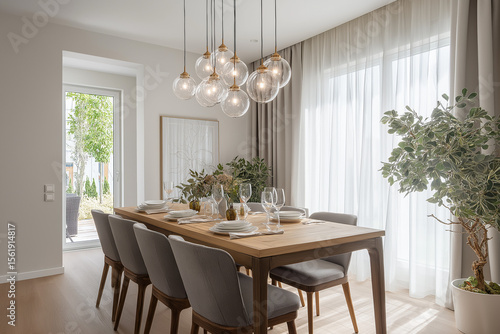 Wallpaper Mural Dining Room with Modern Lighting – Elegant Dining Setup with Glass Lights Torontodigital.ca