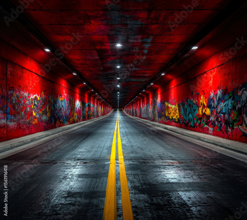 A striking view of a long, illuminated tunnel featuring vibrant red walls adorned with colorful graffiti, leading towards an intriguing vanishing point with a double yellow line.