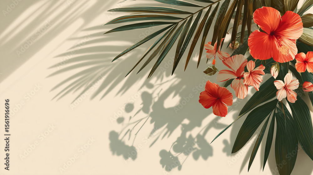 Obraz premium Tropical Palm Leaves and Exotic Flowers on Ethereal Background 300 DPI