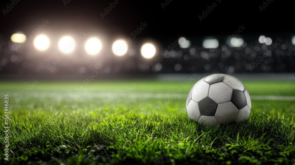Fototapeta premium Classic black-and-white soccer ball on a lush green field illuminated by bright stadium lights, bokeh effect, dark night sky, large stadium, anticipation of a big match.
