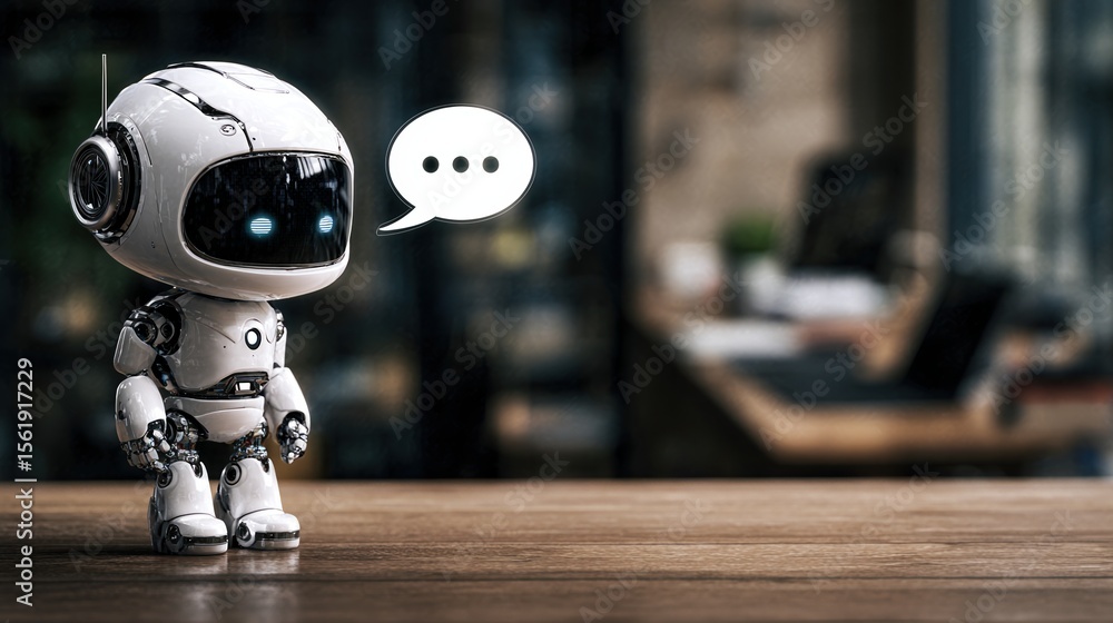 Fototapeta premium Photo of an AI robot with a text bubble on a wooden table in an office, a chatbot concept. Space for copy space. 
