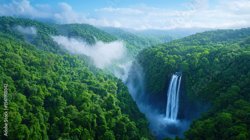 Breathtaking waterfall cascades through lush green forests, surrounded by mist and vibrant foliage, creating serene and tranquil atmosphere