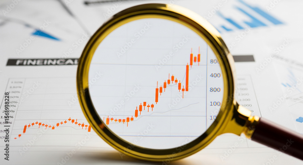 Magnifying glass focuses on orange candlestick chart, showing financial growth, symbolizing investment analysis and market trends Magnifying glass focuses on orange candlestick chart, showing financial growth, symbolizing investment analysis and market trends