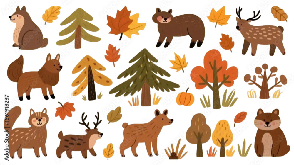 Fototapeta premium autumn trees and animals vector set