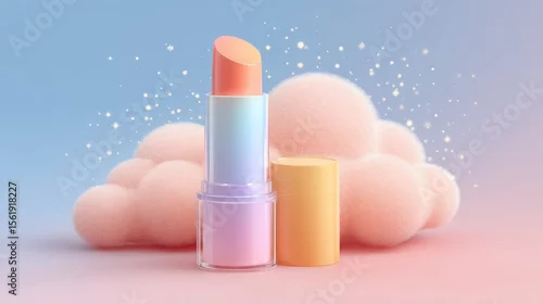 Obraz Pastel Lipstick Tube on Fluffy Pink Cloud Dreamy Background Magical Cosmetic Product