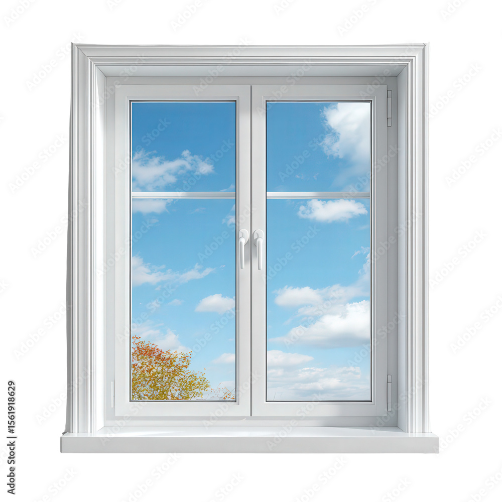 Fototapeta premium Bright White Window Frame with Cloudy Sky and Autumn Foliage View
