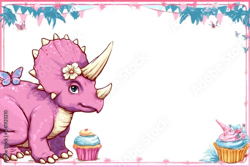 Pink triceratops dinosaur joyfully holding cupcakes, surrounded by colorful butterflies, perfect for kids' birthday celebrations
