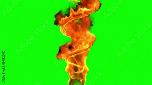 Vertical Column of Fire Burning Intensely on Green Screen