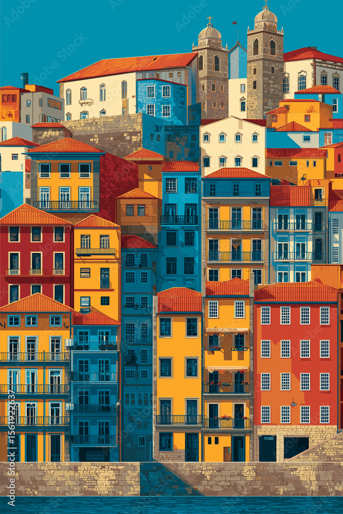 Drawing of the city of Porto (Portugal). Flat colors: red, yellow, blue, light blue, orange, and white Drawing of the city of Porto (Portugal). Flat colors: red, yellow, blue, light blue, orange, and white