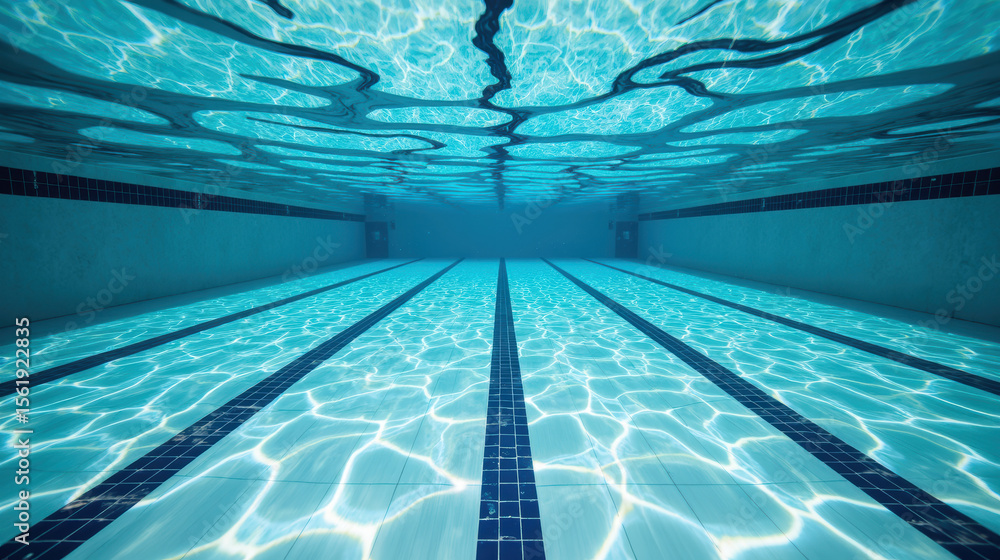Obraz premium Crystal clear water reflects light in serene swimming pool, showcasing tranquil blue tones and rippling surface