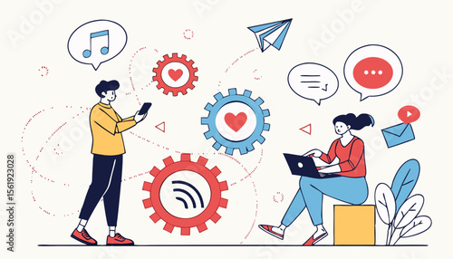 Diverse group of people engaged in digital communication, showcasing modern technology and social interaction.