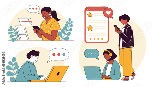 Two women interact while one man checks his messages, showcasing friendly communication and teamwork.