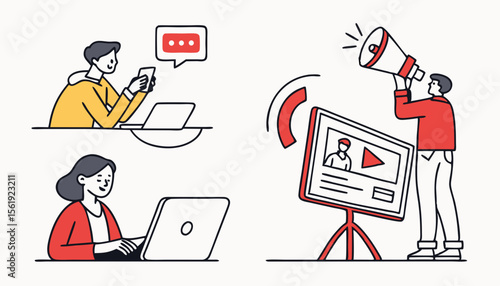 Two people engaging in digital communication and content creation; a man broadcasting and a woman creating online content.