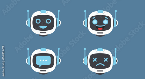 Chatbot and AI Assistant Emoticon Heads Set. A set of four chatbot/AI assistant heads showing happy, joyful, talking, and sad/error expressions. Ideal for UI & customer service.