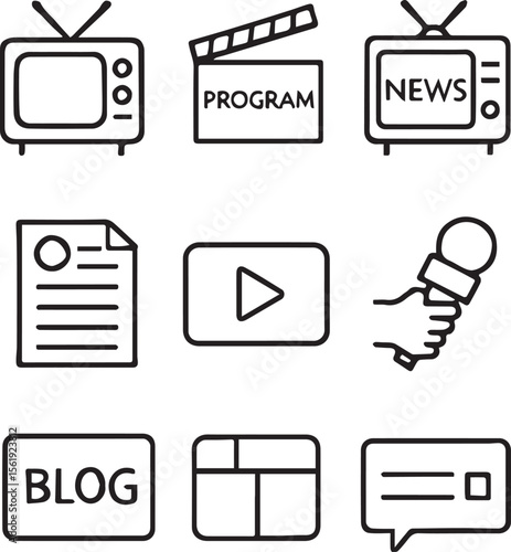 Set of line icons in linear style. Series - Mass media and journalism. TV show, program, news, report, video and interview.Outline icon collection. Conceptual pictogram and infographic 