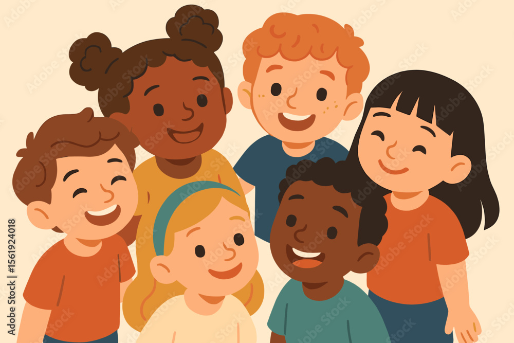 Diverse group of happy kids smiling together. Multicultural children friendship concept. Unity in diversity, inclusion, and community. Multiracial cartoon vector illustration. Diverse group of happy kids smiling together. Multicultural children friendship concept. Unity in diversity, inclusion, and community. Multiracial cartoon vector illustration.