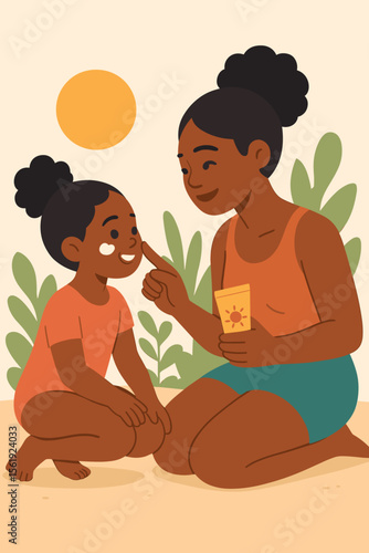 Caring Black mother applying sunscreen to her daughter's face. Family summer vacation on the beach. Sun protection, skincare, and UV safety concept. Motherhood and child care vector.