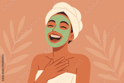 Happy woman with cosmetic facial mask laughing. Concept of spa, beauty treatment, skincare routine. Girl in towel enjoying self-care and wellness. Flat cartoon vector illustration.
