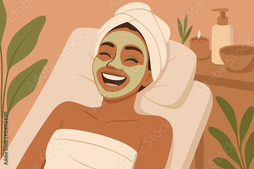 Happy woman relaxing in a spa with a green clay facial mask. Joyful client laughing during a cosmetic skincare treatment. Self-care, wellness, and beauty salon vector illustration.