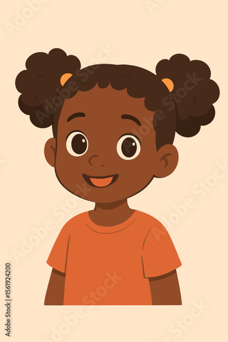 Cute African American little girl with afro puffs hairstyle. Adorable black child smiling. Happy kid portrait looking at camera. Modern flat cartoon vector character illustration.
