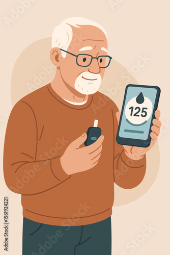 Senior diabetic man checking blood sugar on a smartphone app connected to a glucometer. Digital health technology and diabetes management concept. Modern flat vector cartoon.