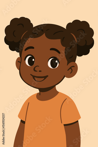 Cute African American girl portrait. Happy Black child character with space buns hairstyle. Modern flat vector cartoon illustration. Joyful smiling kid face avatar for diverse concepts.