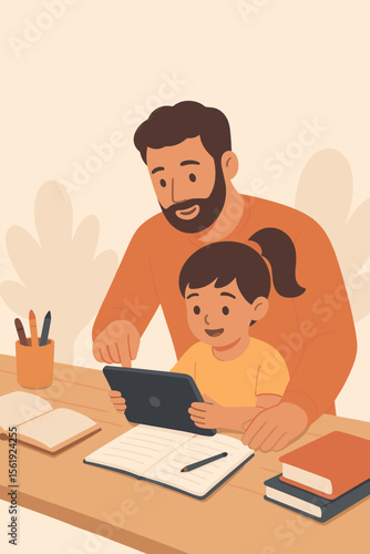 Caring father helping little daughter with homework on a digital tablet. Concept of e-learning, online education, homeschooling. Parent teaching child at home. Family study and support vector.