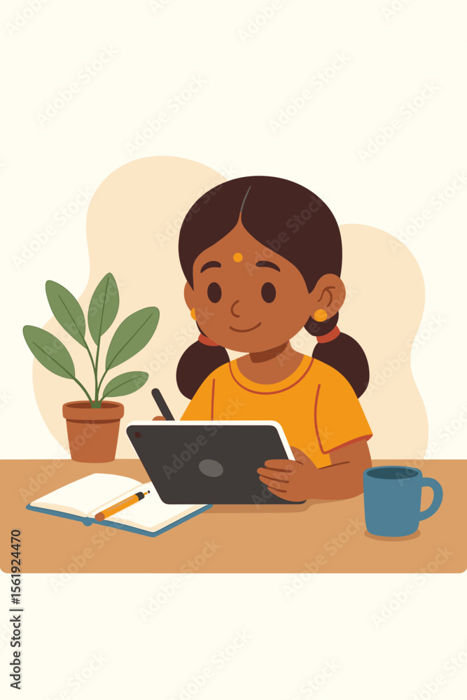 Cute Indian girl studying online with a digital tablet and stylus. Concept for e-learning, remote education, and homeschooling. Happy child doing homework at her desk. Flat vector illustration. Cute Indian girl studying online with a digital tablet and stylus. Concept for e-learning, remote education, and homeschooling. Happy child doing homework at her desk. Flat vector illustration.