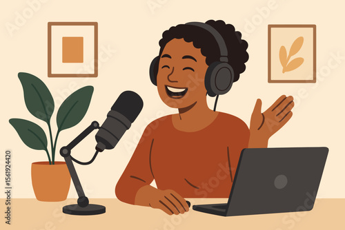 Joyful Black woman podcaster speaking into a microphone. Happy female host recording an audio podcast or radio show in her studio. Content creator streaming live. Flat vector concept.