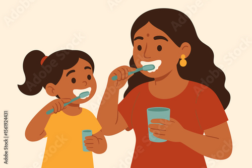 Indian mother and cute daughter brushing teeth together. Parent teaching child about oral hygiene. Family dental care and morning routine. Happy characters. Flat cartoon vector illustration.
