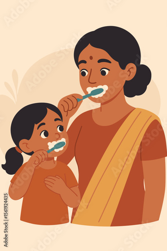 Indian mother teaching daughter about dental care. Woman and girl brushing teeth together. Family oral hygiene, daily morning routine, and parenting concept. Flat vector illustration.